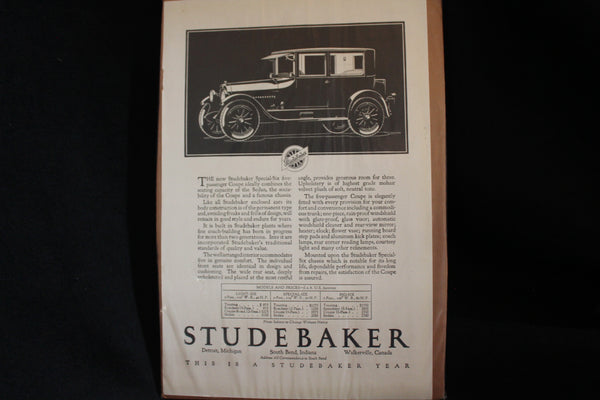 1923 Studebaker Special-Six Coupe Black & White Print Ad