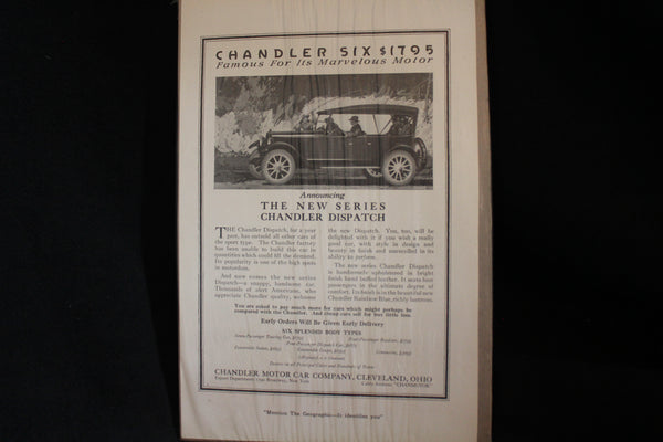 1919 Chandler Six Dispatch Black & White Print Ad