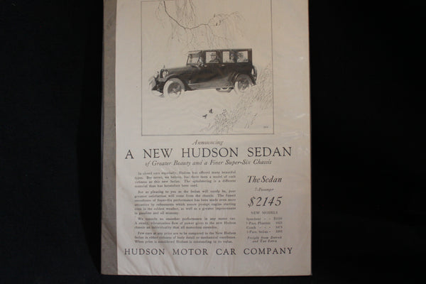 1924 Hudson Sedan Black & White Print Ad