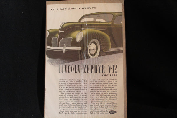 1938 Lincoln-Zephyr V-12 Color Print Ad
